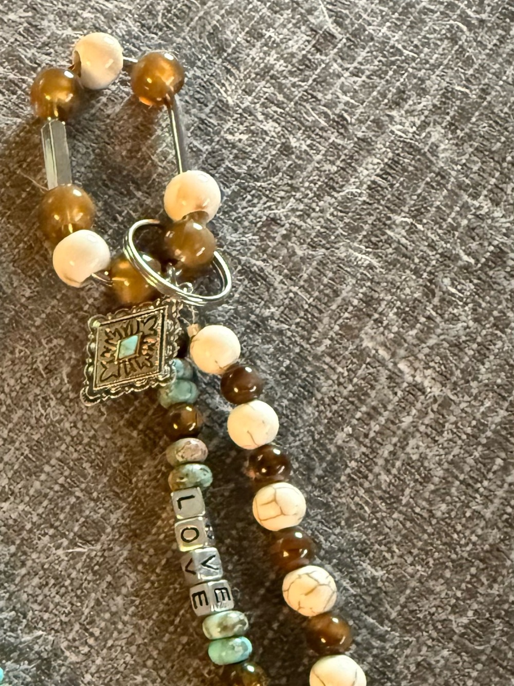 LOVE Beaded Bracelet with Turquoise Accent - Brown & Cream
